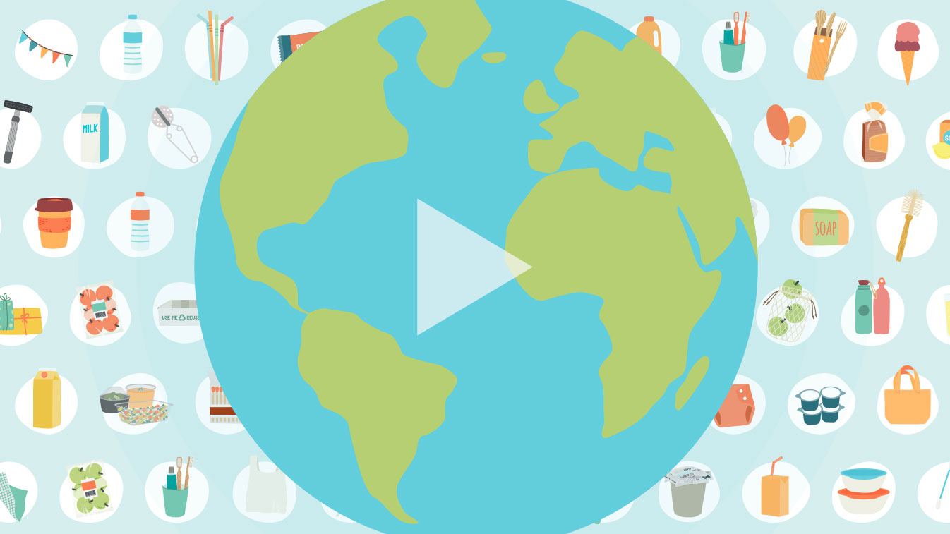 Choose your Plastic Free July video image of globe in the foreground and in the background many bubbles containing reusable options and single use plastic