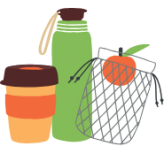 Keep cup, reusable water bottle and reusable fruit bag with an orange