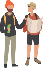 Two people with backpacks, a map, a compass and a waterbottle