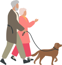 Elderly couple walking dog