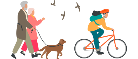 elderly couple walking a dog, young cyclist with backpack