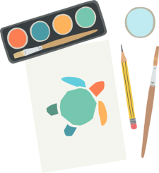 A painting of the plastic free july turtle icon with paints, a paintbrush and a pencil