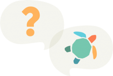 Two speech bubbles, one with a question mark and the other with the plastic free july turtle icon