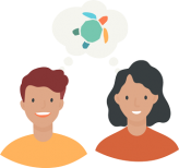 Two people sharing a thought bubble with plastic free July turtle icon inside