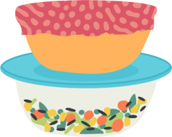 Two bowls storing food, one with a plate on top and one with a beeswax wrap