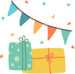 Party decorations and gifts in wrapping paper