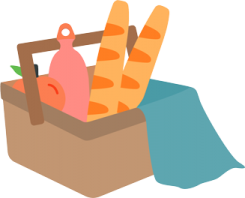 Picnic basket with baguettes, a water bottle and an apple